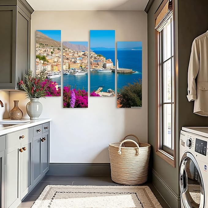 Canvas Wall Art Prints Pictures Symi town cityscape Dodecanese islands Greece Framed Posters Modern Wall Painting Artwork Gift Home Decor for Living Room Ready to Hang 4 Panel