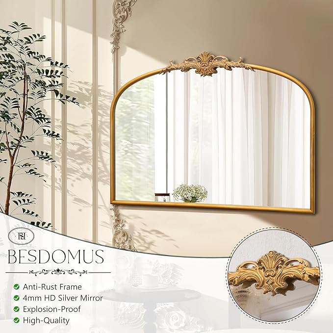 Besdomus Antique Arched Gold Mirror: 32"x24" Large Gleaming Gold Antique Wall Mounted Mirror - Baroque Traditional Ornate for Fireplace/Bathroom/Bedroom - Wall Decor for Homemakers