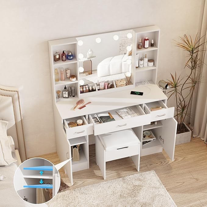 Makeup Vanity Table with Lighted Mirror & Power Outlets, Large Vanity Set Vanity Desk with Storage Stool, 3 Lighting Modes, Brightness Adjustable, 45inch, White