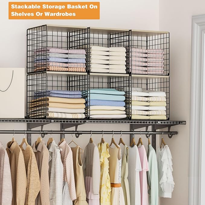 4-Tier Stackable Closet Organizers and Storage Basket, Shelves with Wood Top, Foldable Clothes Storage Bin/Cube Drawer Organizer for Wardrobe, Space-Saving, Closet Organization,Black(Patent Pending) ﻿