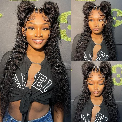 AskWish 180% Density 13x6 Deep Wave Lace Front Wigs Human Hair Pre Plucked Glueless Transparent HD Lace Frontal Wigs Human Hair Brazilian Virgin Black Hair Natural Hairline 20 Inch Wig