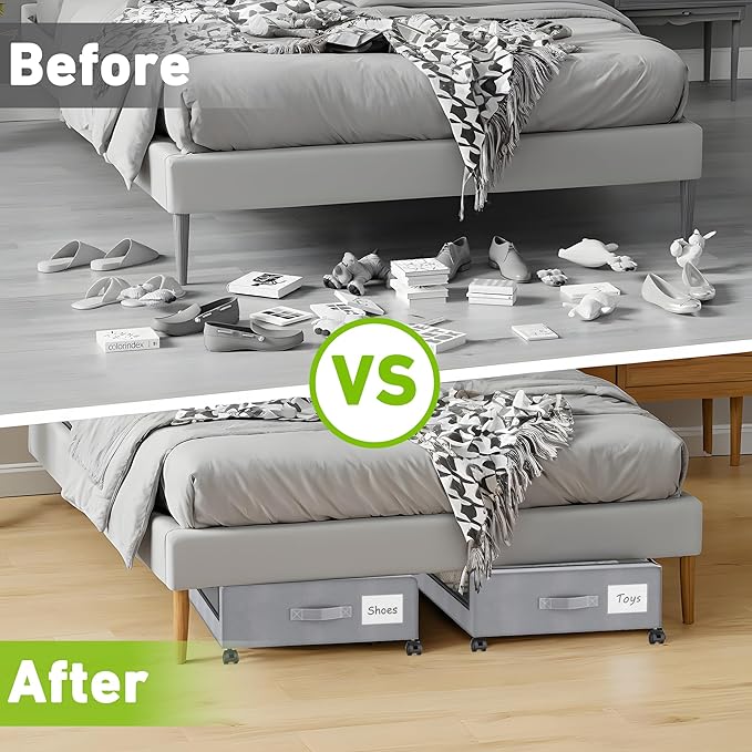 Under Bed Storage with Wheels, 2-Pack Under the Bed Storage Containers with Clear Lids & Label, Underbed Storage Bins, XXL 60L Rolling Metal Drawer for Clothes, Shoes, Toys, Books - Gray