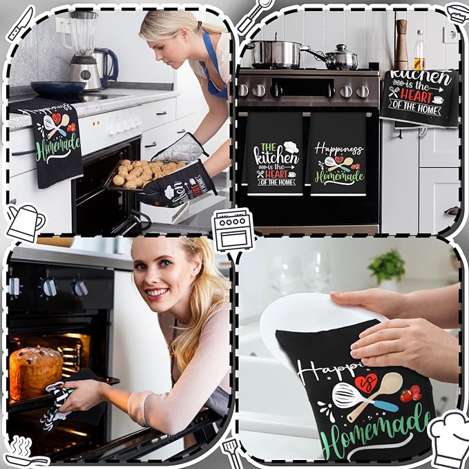 Sratte 6 Pcs Kitchen Decor Accessories Set Farmhouse Towels Pot Holders Oven Mitts Set 2 Dish Towels 2 Potholders 2 Cooking Mittens Oven Glove for Christmas Baking Cooking (Black Color)