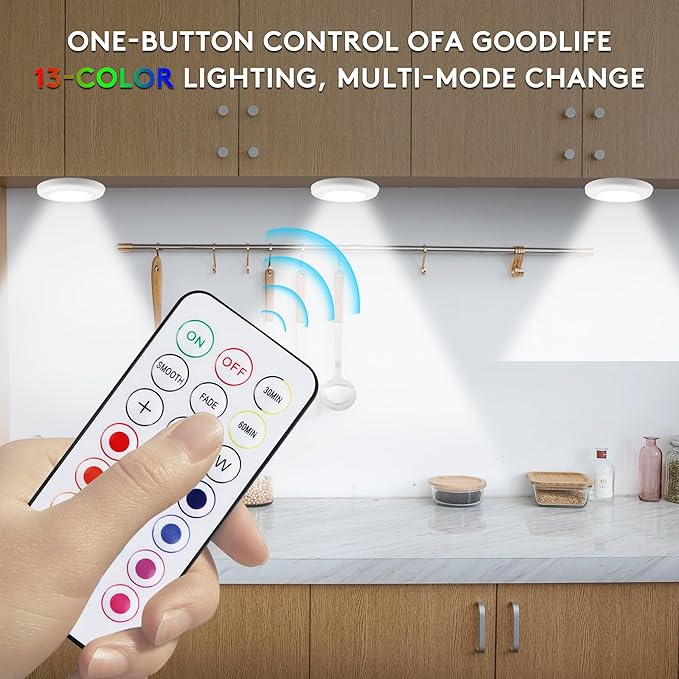 LED Puck Lights With Remote, 13 Colors RGB Dimmable Under Cabinet, Battery Powered Color Changing, Party Atmosphere for Kitchen Closet Counter, 12 Pack