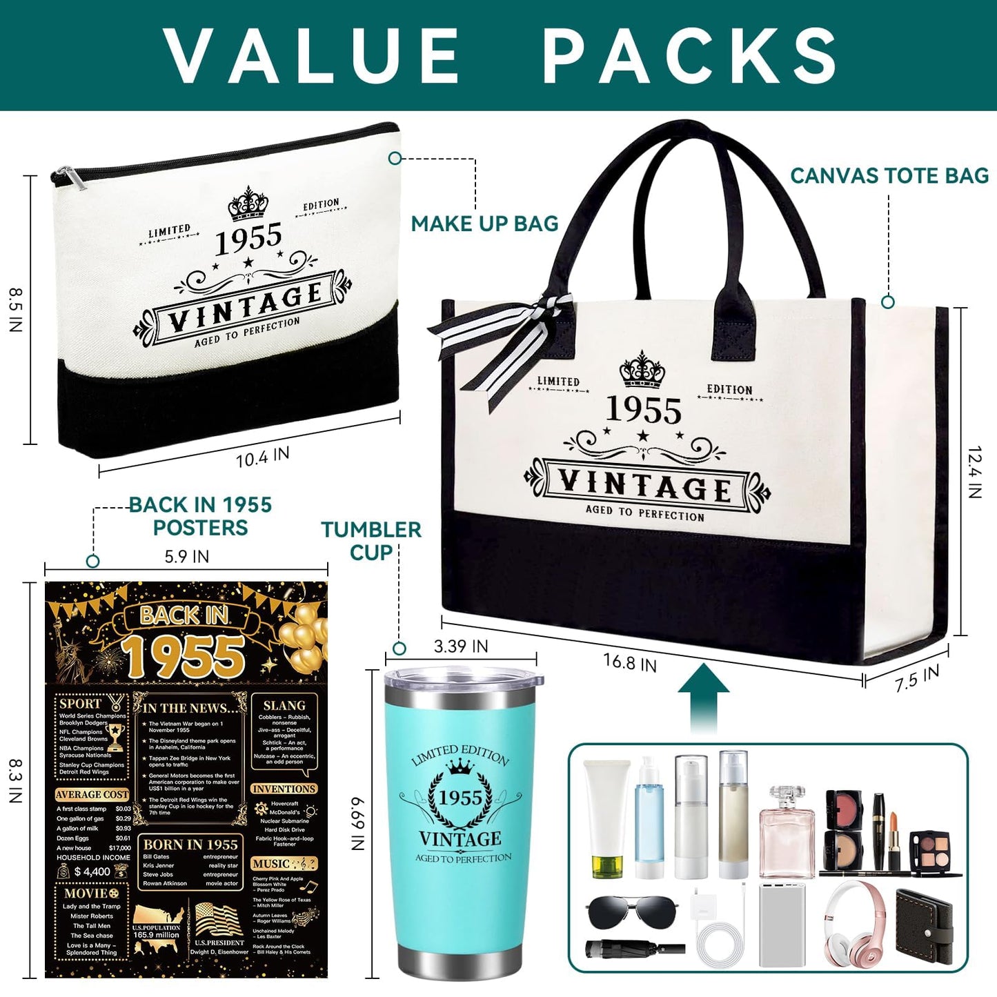 TrophyToast 70th Birthday Gifts for Women Her- 4 pcs, Turning 70 Year Old Gifts, Decorations Canvas Beach Tote Bag & Makeup Bag, Unique Happy 70th Birthday gifts for Her Mom Wife Friends