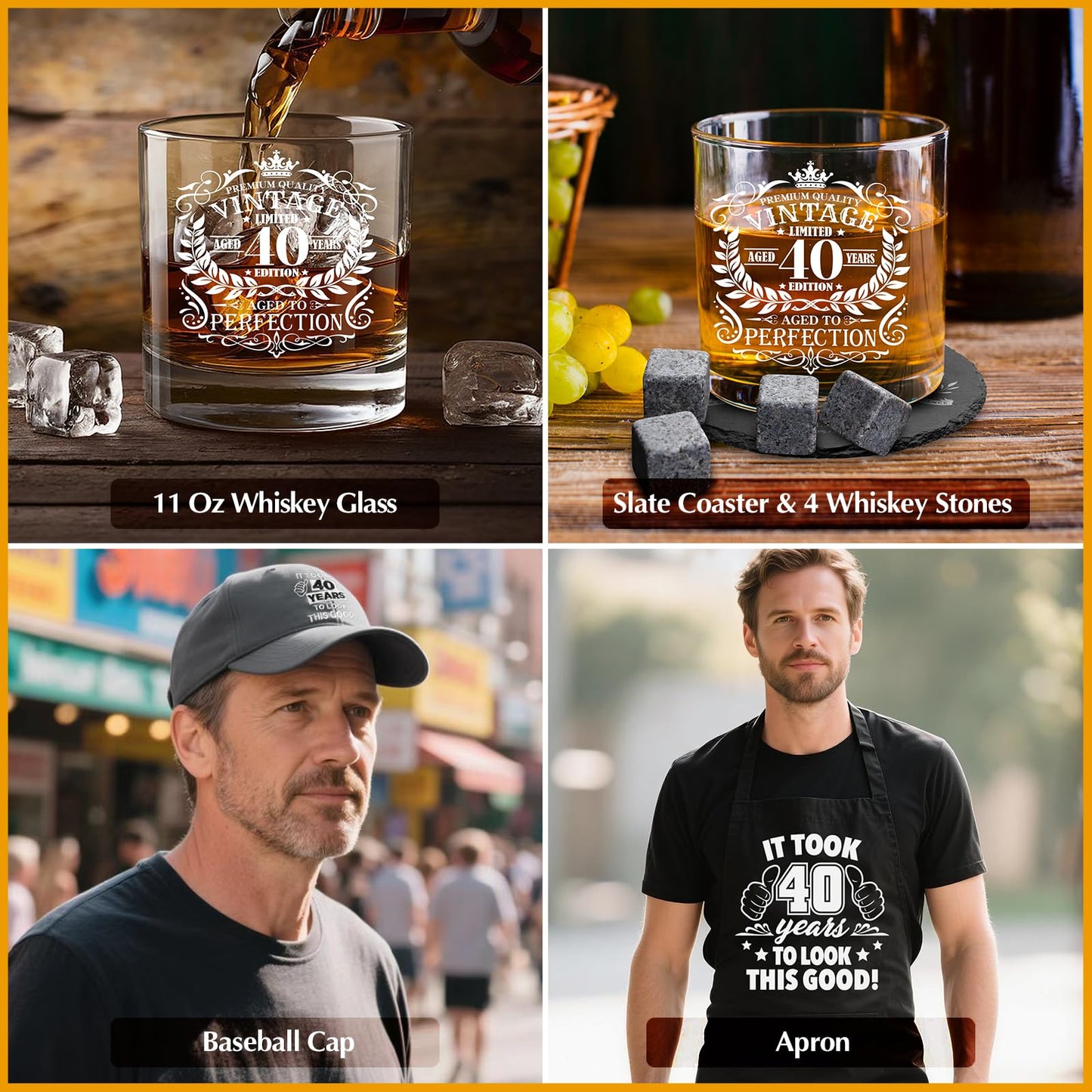 40th Birthday Gifts for Men Whiskey Glass Set, 40th Birthday Party Supplies with 11 Oz Whiskey Glass Coaster Stone Baseball Cap Apron Sock Funny Toliet Paper Keychain for Him, Dad, Husband, Friends