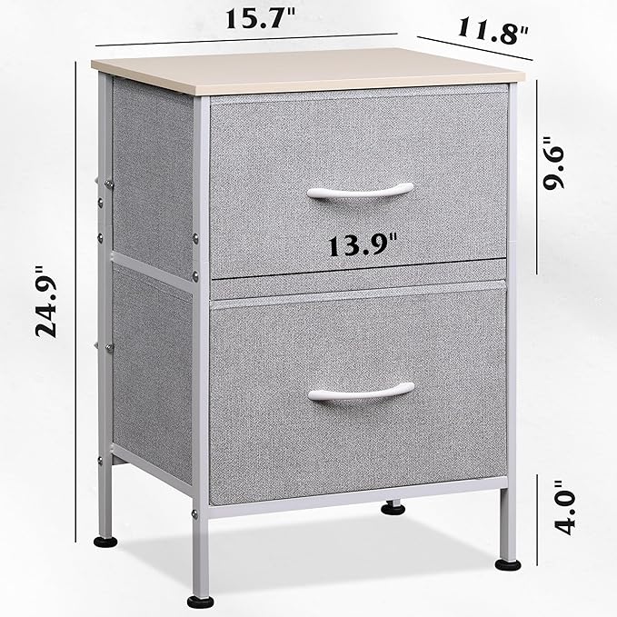 WLIVE Nightstand, Nightstand with 2 Drawers, Bedside Furniture, Night Stand, Small Dresser for Bedroom, College Dorm, End Table with Fabric Bins, Dormitory, Light Grey, Size L