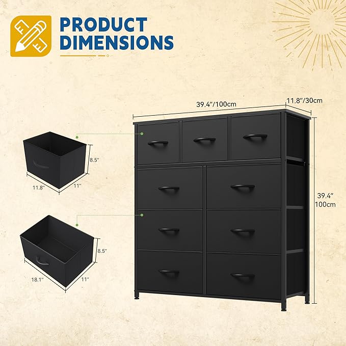 DWVO Dresser with 9 Drawers - Fabric Storage Tower, Organizer Unit for Living Room, Hallway - Sturdy Steel Frame, Wooden Top & Easy Pull Fabric Bins (Black)