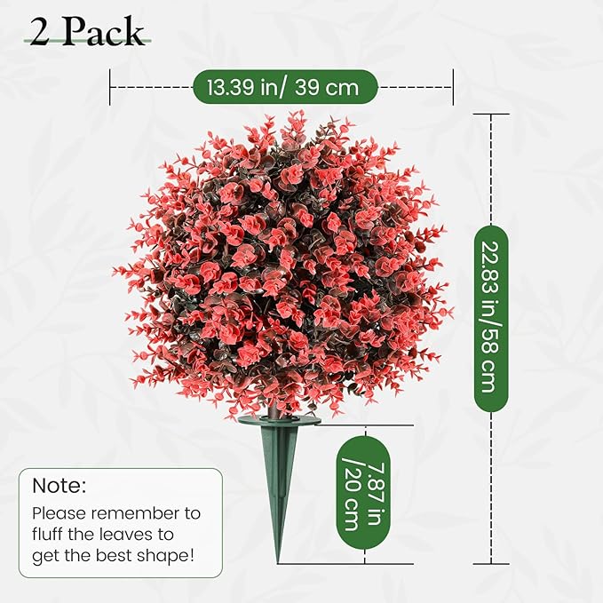 Lewondr Artificial Boxwood Topiary Ball Trees, 22.83'' Fake Plants Outdoor with Ground Spike, Set of 2 UV and Fade Resistant Faux Greenery Shrubs for Outdoor Indoor Front Porch Garden, Red
