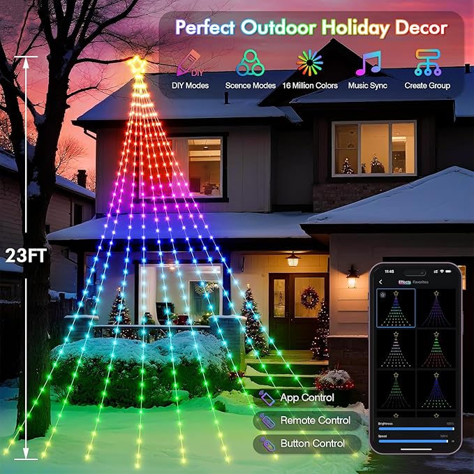 23FT Outdoor Christmas Decorations, Smart RGB Color Changing Christmas Hanging Waterfall String Lights, APP Remote Control, DIY Multi-Color Lightshow, Music Sync, Outside Xmas Lights Decor