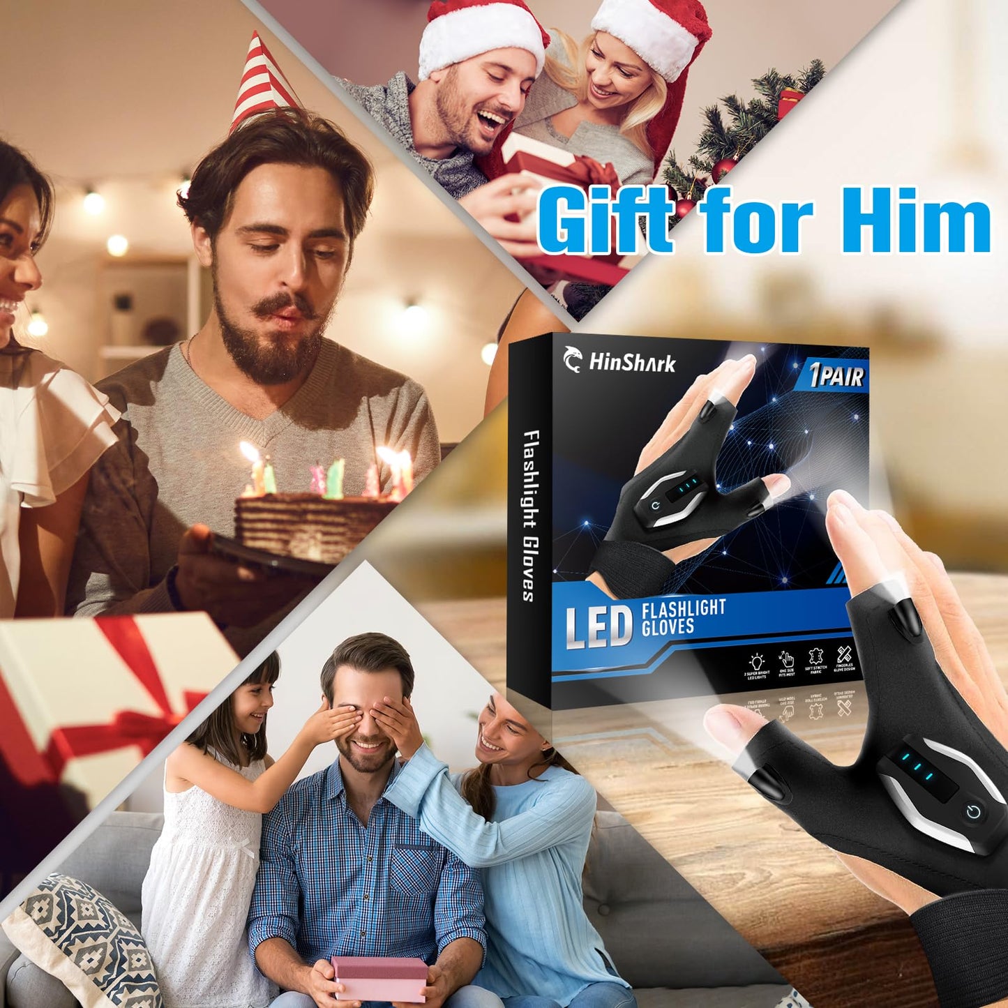 Stocking Stuffers Gifts for Men LED Flashlight Gloves, Mens Gifts for Christmas Anniversary Birthday Gifts for Men Dad Husband Him Husband, Camping Essentials Cool Gadgets Tools for Fishing Repairing