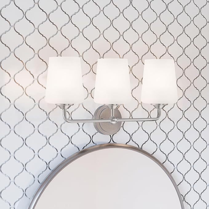 Design House Stasia Vanity Light, 3-Light, Sleek Modern Arms, Frosted Glass Glow, Dimmable, Dual-Mount Option, E26 Socket, Satin Nickel, 23.8 in L x 6.7 in W x 11.0 in H, 589291