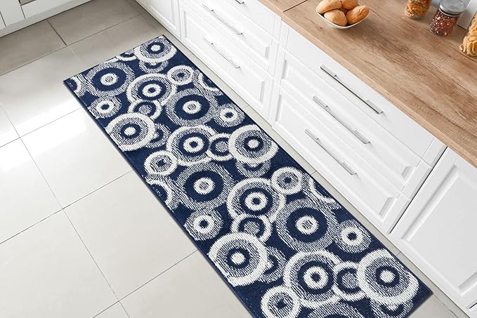 Custom Length Cut to Size Retro Modern Coastal Carpet Runner Rug for Hallways, Non Slip Rubber Backed, 31 inch Wide X Customized Length, Geo Blue, 31 inch X 25 feet