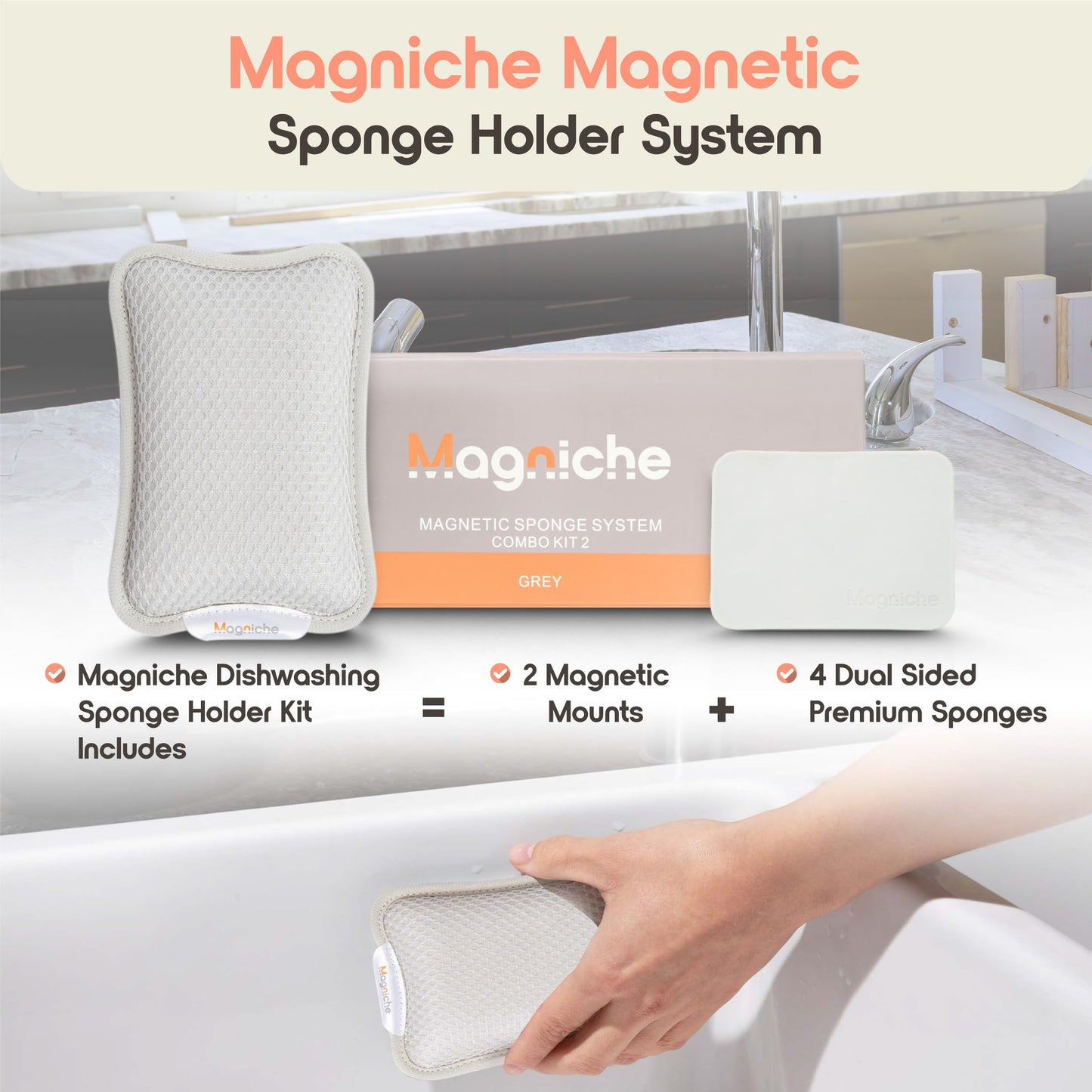Magniche 3-in-1 Dishwashing Cleaning Kit - Magnetic Sponge Holder for Kitchen Sink w/ 4-Pack Dual-Sided Dish Sponges Kitchen Set - Reusable Sponges for Dishes & Magnetic Dish Sponge System Starter Kit