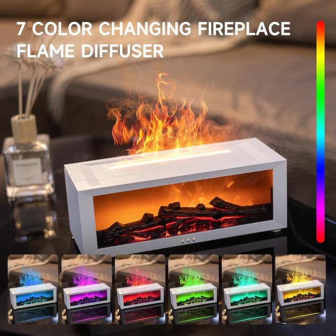 Fireplace Flame Air Diffuser Humidifier,7 Colors Aromatherapy Essential Oil Diffuser,Ultrasonic Aroma Humidifier with Timer for Home,Bedroom,Office,Yoga (White, L)