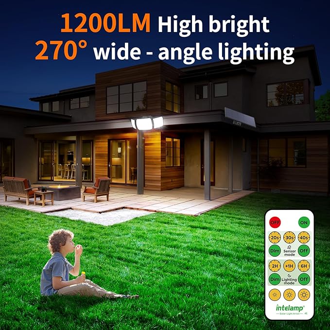 intelamp Solar Lights Outdoor, 3 Head Solar Motion Sensor Lights for Outside, lP65 Waterproof,Separate Panel with 9FT Cable Remote Control Flood Lights(2Pack)