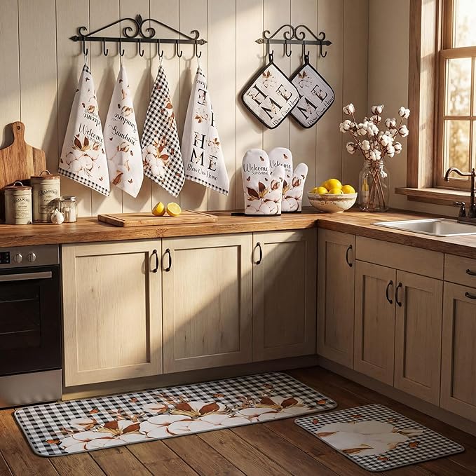 Fourluoo 10 Pcs Kitchen Set Kitchen Towels and Rugs Oven Mitts and Pot Holders Farmhouse Decor for Women Mom Gift Cooking Baking Grilling