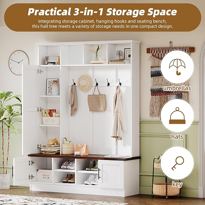 Modern 55‘’ Wide Hall Tree with 6 Hooks, Wood Brown Grain Minimalist Shoe Cabinet with Adjustable Shelves, Versatile Entryway Coat Rack for Living Room Hallway (White-11A)