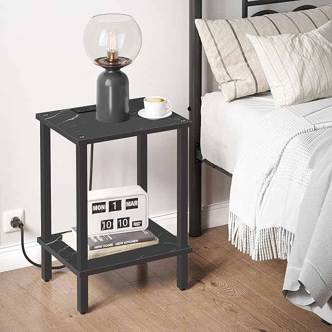 TUTOTAK End Table with Charging Station, Set of 2, Small Side Table, Nightstand Bedside Table, 2-Tier Storage Shelf for Small Space, Living Room, Bedroom Marble Black TB01BMK041
