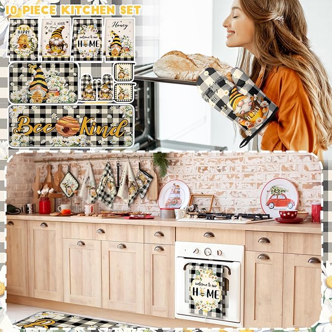 Fourluoo 10 Pcs Bee Kitchen Decor Set 4 Kitchen Towels 2 Pot Holders 2 Oven Mitts 2 Rugs Daisy Decorations for Cooking Baking Mom Housewarming Gifts