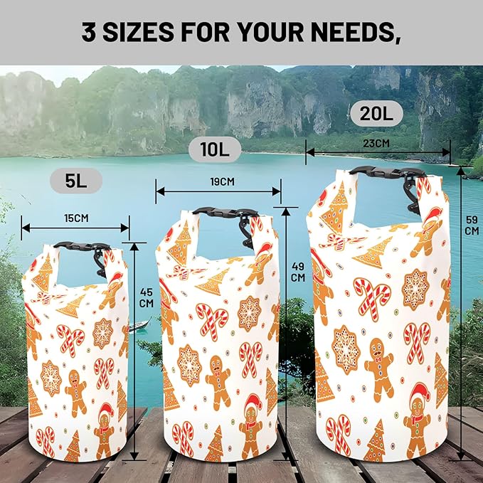 Waterproof Dry Bag,Roll Top Christmas Gingerbread Man Winter Small Waterproof Backpack 5L/10L/20L Floating and Lightweight Bags for Kayaking, Boating, Fishing, Swimming and Camping