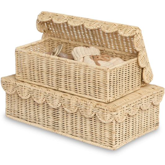 BEBE BASK Handwoven Stackable Decorative Storage Boxes with Lids, Set of 2 (14 × 8 × 4 in) – Scalloped Wicker Basket for Home Decor – Baby Keepsake Box & Memory Box for Keepsakes for Nursery