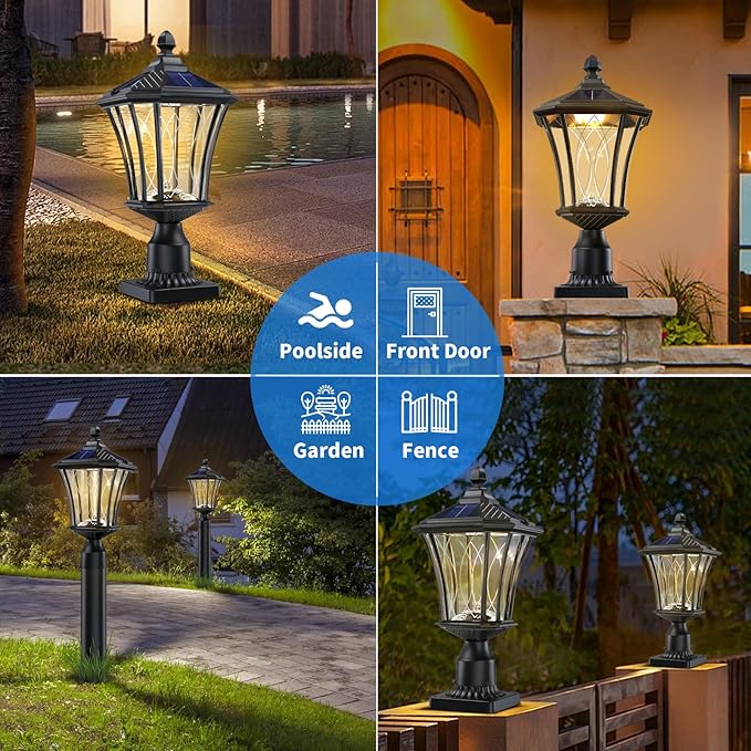 19.6" Solar Post Lights, Dusk to Dawn Outdoor Post Lights Solar Lamp Post Light, Black Pole Lights Outdoor with Pier Mount Base, Waterproof Outdoor Lamp Post for Yard FrontDoor Pathway Garage, 1 Pack