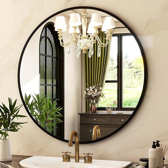 HARRITPURE Round Mirror 19.6 Black Wall Mounted Circle Mirrors Vanity Mirror with Brushed Aluminum Alloy Frame Modern Decoration for Bathroom, Living Room, Vanity, Bedroom, Entryway