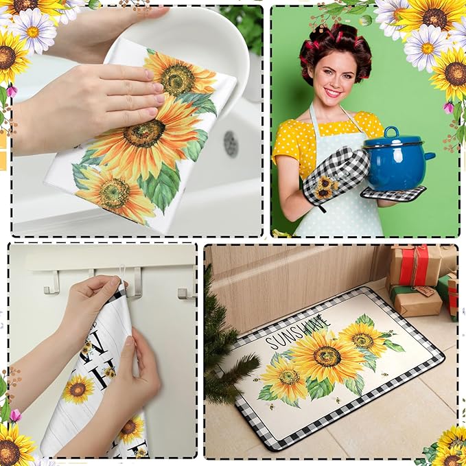 10 Pcs Sunflower Kitchen Decor 4 Black and White Buffalo Plaid Dish Towels 2 Buffalo Check Pot Holders 2 Rustic Sunflower Oven Mitts 2 Yellow Rugs for Cooking Baking Mom Housewarming Gift