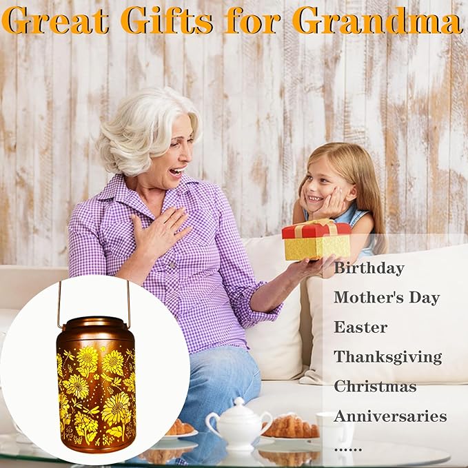 Birthday Gifts for Women Mom Grandma Ideas,Solar Lanterns Outdoor Waterproof,Dragonfly & Sunflower Hanging Metal Garden Decor Art Lights,Decorative Solar Powered Lantern for Patio Yard Porch