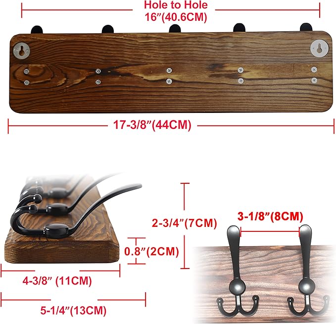 Dseap Coat Rack Wall Mounted - 24" Long 6 Tri Hooks, Heavy Duty Wooden Wall Coat Hanger Coat Hook for Clothes Hat Jacket Clothing, Weathered Blue and Black