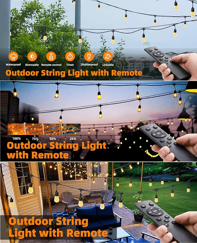 150FT String Lights for Outside Remote Controlled Waterproof with 48pcs Replaceable S14 Warm Bulbs for Patio, Gazebo, Pergola, Backyard Bistro Lights, 2200K, Linkable, 1-Pack