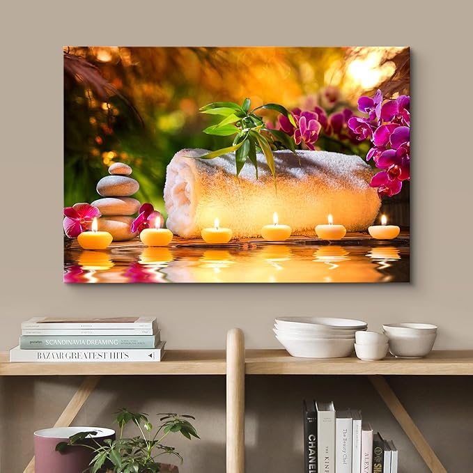 wall26 Canvas Print Wall Art Sunset Yoga Meditation Bath Towel Candle Orchids Nature Wilderness Photography Realism Rustic Landscape Colorful Multicolor for Living Room, Bedroom, Office - 32"x48"
