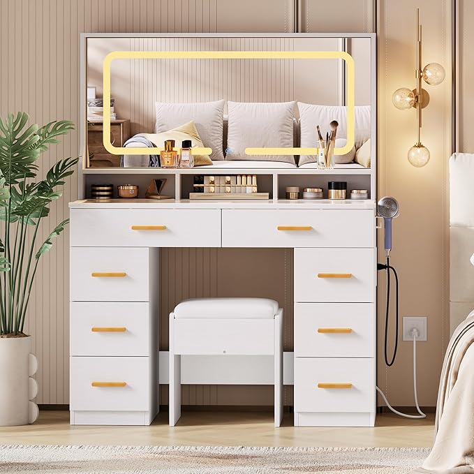 IDEALHOUSE Vanity Desk with Mirror and Lights, Makeup Table with Glass Top & 8 Drawers, 3-Color LED Mirror, Power Outlets & USB, Hair Dryer Holder, Stool Included, Dressing Table Set for Bedroom