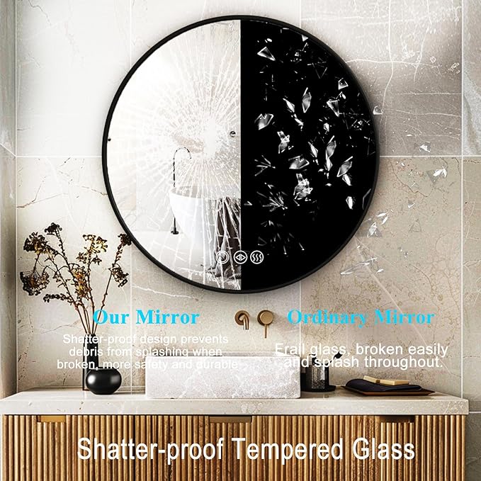 Round Bathroom Mirror with Lights, 28x28 Inch Vanity Mirror with Backlit, Anti-Fog, 3 Colors and Stepless Dimmable Wall Mounted Makeup Mirror with Metal Frame (Black)