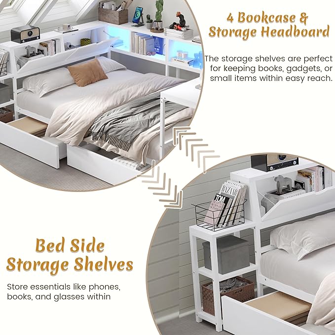 Queen Corner Bed Frame with Desk, LED Lights & Charging Ports, L-Shaped Daybed with Storage Drawers, Bookcase & Open Shelves, Modern Full Size Daybed for Kids, Teens & Compact Bedrooms,White