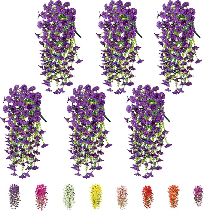 6-Pack Outdoor Faux Plants, 69-Flowered Large Morning Glory, Uv-Resistant Artificial Morning Glory,Perfect for Outdoor Decoration in All Seasons Such as Porches and Gardens (Purple)