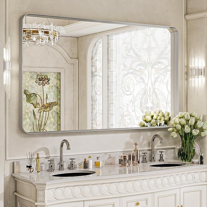 VooBang Bathroom Mirror 30x56 inch, Silver Gorgeous Deep Frame Wall Mirror with Shatterproof Tempered Glass, Modern Bathroom Vanity Mirror for Over Sink Hanging Horizontal or Vertical, Silver