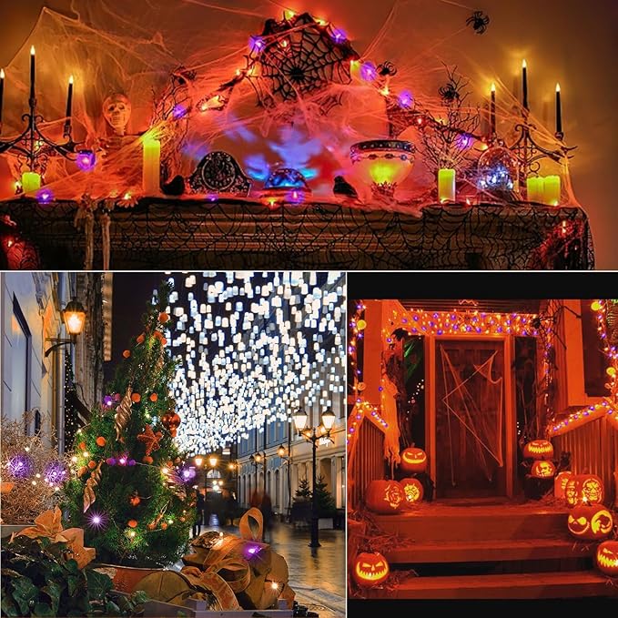 33Ft 100 LED String Lights, Orange & Purple Fairy Lights Battery Operated with Remote, Waterproof Twinkle Lights for Home Party Ghost Haunted House Indoor Outdoor Halloween Decorations