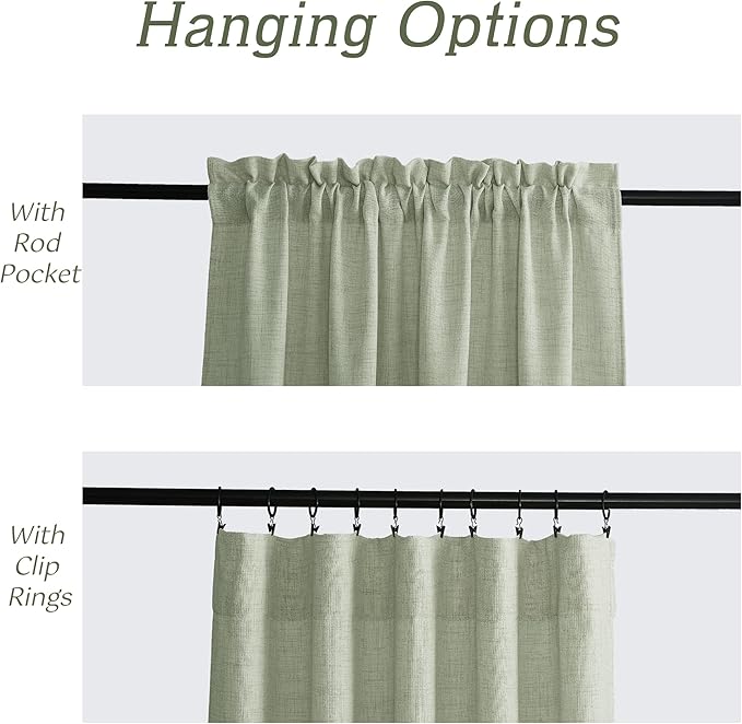 RYB HOME Linen Sheer Curtains and Drapes for Living Room 63 inches Length, Breathable Weave Textured/Rod Pocket Semi Sheer Curtains, Sage Green, W 52 x L 63 inches, 2 Panels Set