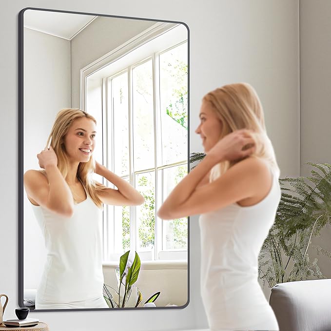 30" x 60"Bathroom Mirror, Matte Black Wall Mirror with Metal Frame, Decorative Rectangular Vanity Mirror for Bedroom Bathroom Living Room Entryway (Horizontal)