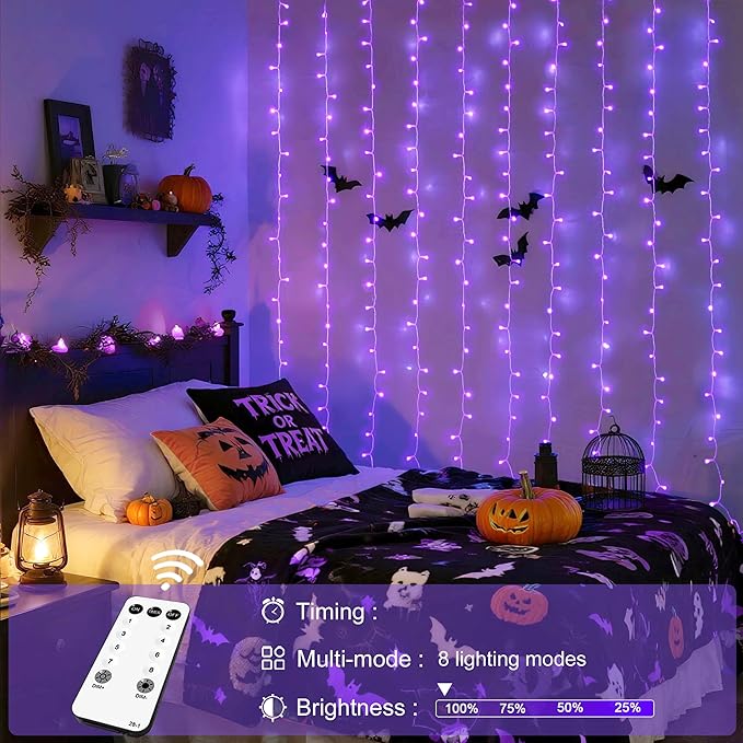 JMEXSUSS 300LED Purple Christmas Lights with Remote, Curtain Hanging Light Plug in, 8 Modes Purple String Lights for Bedroom Window Wall Party Backdrop Halloween Christmas Carnival Decorations