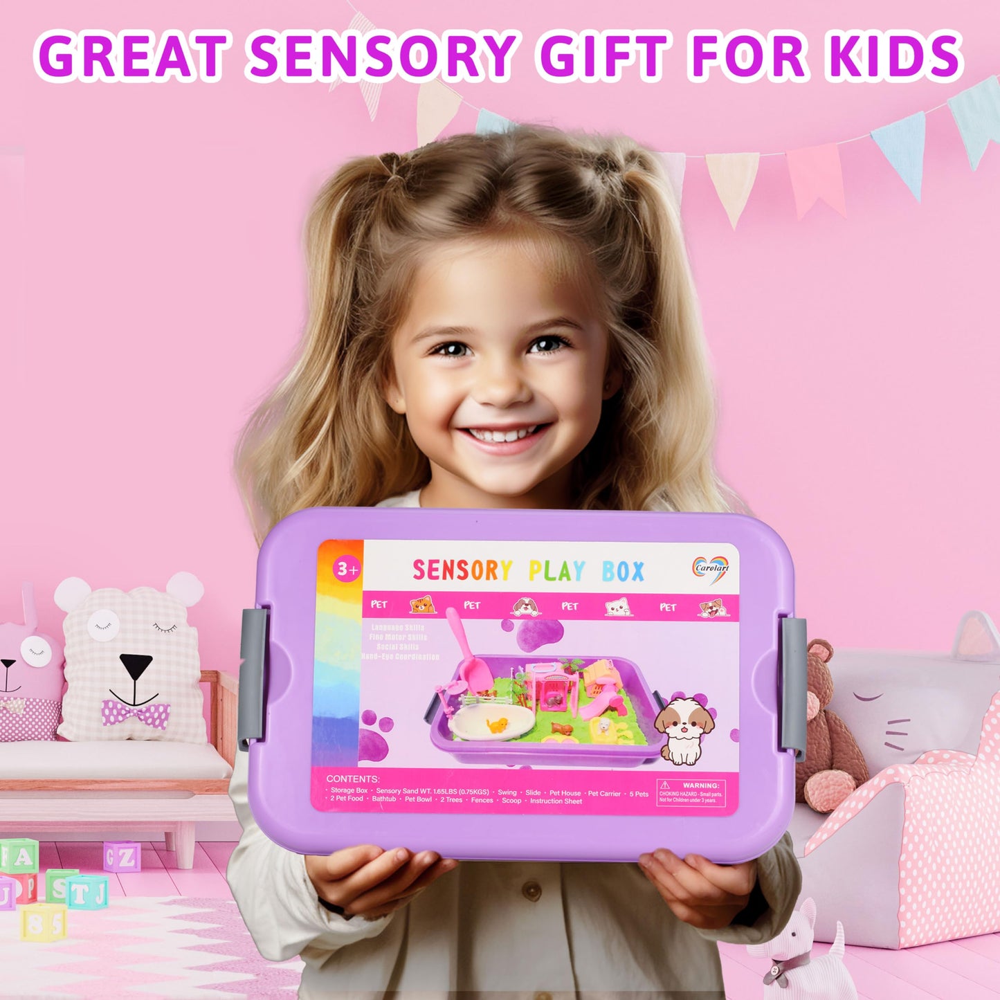 Carolart Pet Sensory bin,Dog and Cat Sandbox for Kids,Kids Play Sand Kit,Pet Play Set with Sensory Sand,Pet Care Play Set,Role Pretend Play Beach Toy Birthday Gift for Girls Boys 3 4 5 6 Years Old