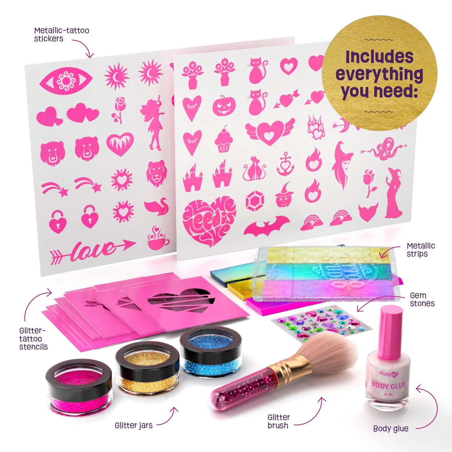 Pretty Me Glitter Tattoo Kit for Kids - Glitter & Metallic Fake Tattoos for Girls - Birthday Gift Ideas for Girl - Temporary Tattoo Set - Craft Kits Toys for Ages 6 7 8 9 10 11 Year Old - Cool Gifts