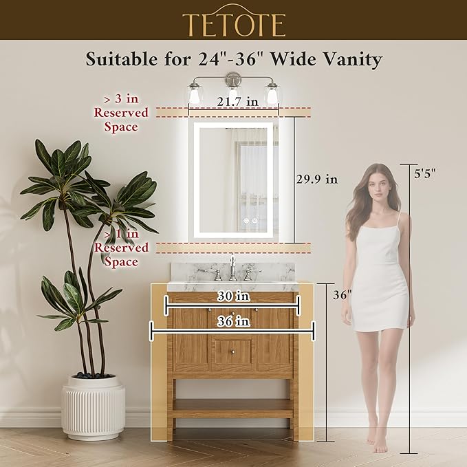 TETOTE LED Bathroom Mirror 22 x 30 Inch Lighted Bathroom Vanity Mirror with Lights, Brighter Frontlit and Backlit Light up Anti Fog Mirror, 3-Color Dimmable, Shatterproof Tempered Glass, Waterproof