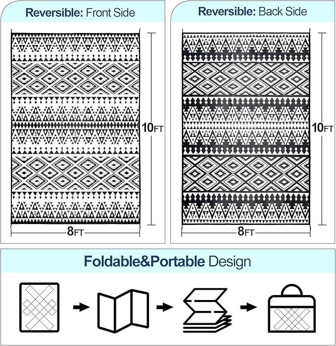 Outdoor Rug Mat for Patio, 8x10ft Waterproof Reversible Plastic Straw Rugs, Camping Carpet Area Mats for RV, Porch, Deck, Backyard, Balcony, Camper, Trailer, Black & White