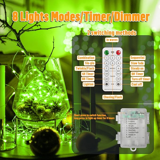 LAMPHOME 100 LED Green St Patrick's Day Fairy Lights Battery Operated, Copper Wire Starry String Lights, 32.5Ft Multi Functions & Timer with Remote for St Patrick's Day Decorations