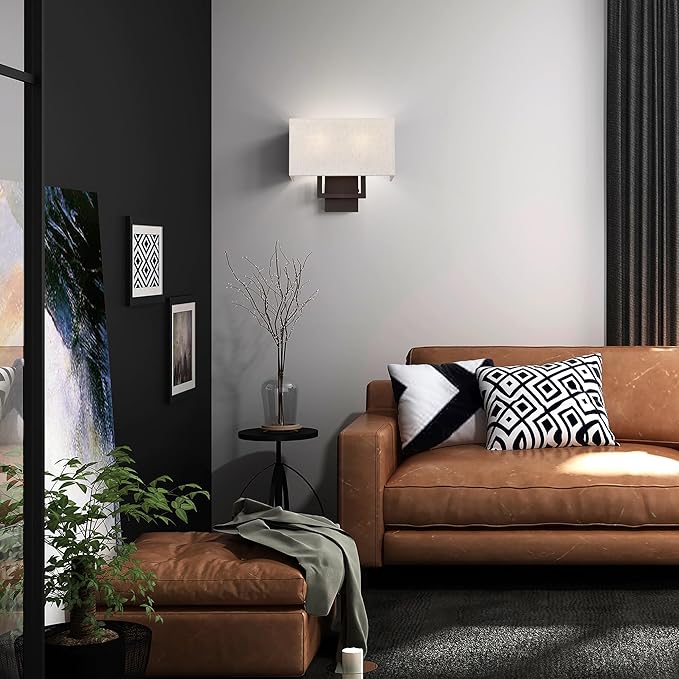 Livex Lighting 50994-07 Pierson Collection 2 Light Ada Wall Sconce, Oatmeal Fabric Outside, White Fabric Inside Hardback Shade, Bronze Finish