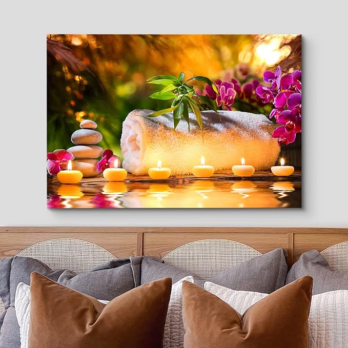 wall26 Canvas Print Wall Art Sunset Yoga Meditation Bath Towel Candle Orchids Nature Wilderness Photography Realism Rustic Landscape Colorful Multicolor for Living Room, Bedroom, Office - 24"x36"