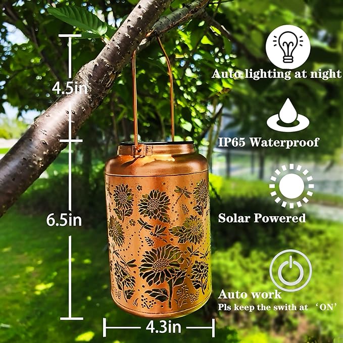 Birthday Gifts for Women Mom Grandma Ideas,Solar Lanterns Outdoor Waterproof,Dragonfly & Sunflower Hanging Metal Garden Decor Art Lights,Decorative Solar Powered Lantern for Patio Yard Porch